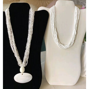 2 White Seed & Beaded Multi Strand Necklaces 1 W/ Large Mother of Pearl Pendant